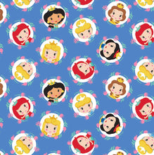 Load image into Gallery viewer, Disney Princess Kawaii - Cute Princess Frames - Blue Fabric - 1/2 Meter - Cotton Fabric