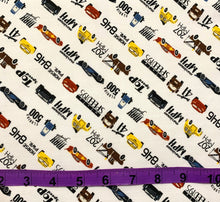 Load image into Gallery viewer, Cars Collection III by Disney-Pixar - Racing Terms - White Fabric - 1/2 Meter - Cotton Fabric