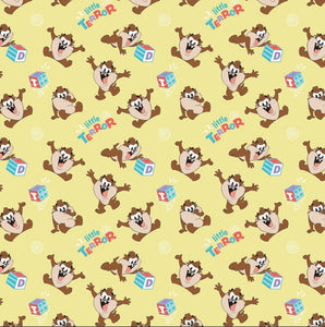 Character Nursery - Looney Tunes Taz Little Terror - Yellow Fabric - 1/2 Meter - Cotton Fabric