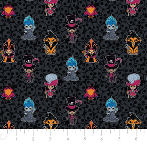 Disney Villains Kawaii Collection - Bad Guys - Black Fabric - 1/2 Meter - Cotton Fabric