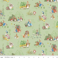 Load image into Gallery viewer, Peter Rabbit and Friends Characters - Green Fabric - 1/2 Meter - Cotton Fabric
