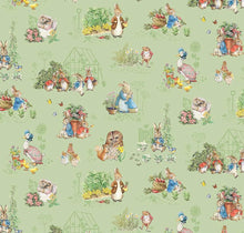 Load image into Gallery viewer, Peter Rabbit and Friends Characters - Green Fabric - 1/2 Meter - Cotton Fabric

