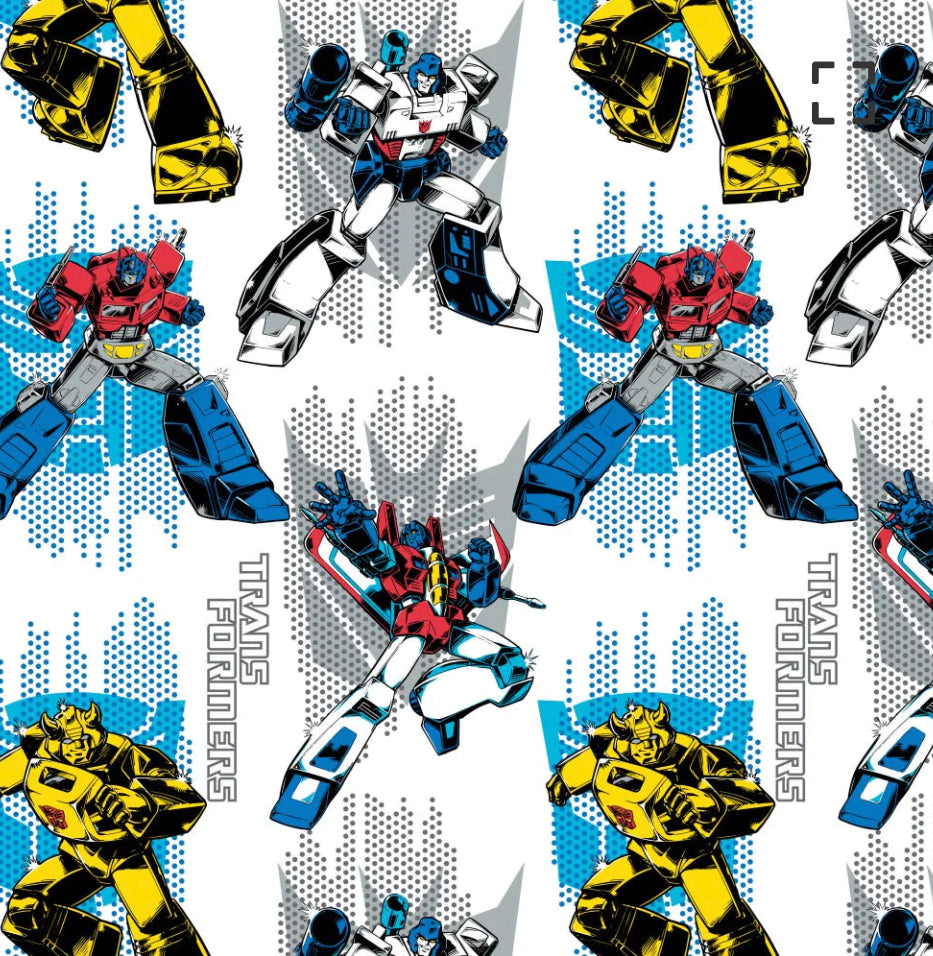 Transformers Logos - White Fabric - 1/2 Meter - Cotton Fabric