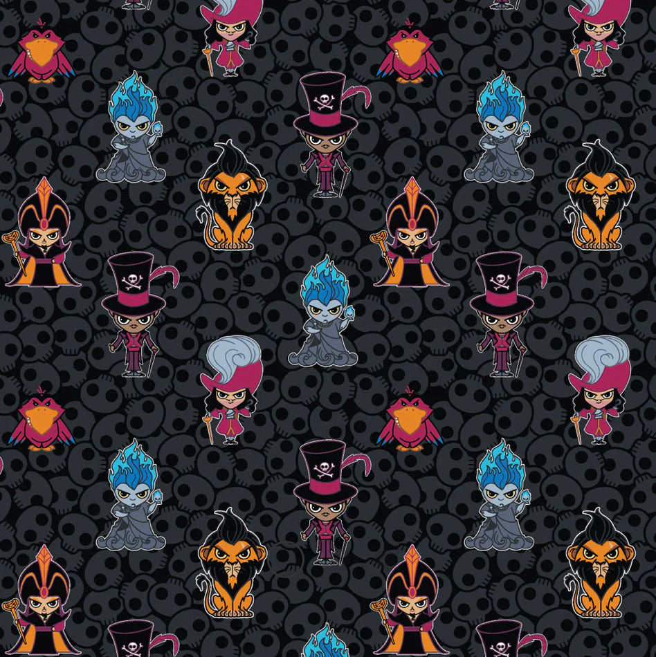 Disney Villains Kawaii Collection - Bad Guys - Black Fabric - 1/2 Meter - Cotton Fabric