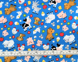 Farm Friends - Blue Fabric - 1/2 Meter - Cotton Fabric