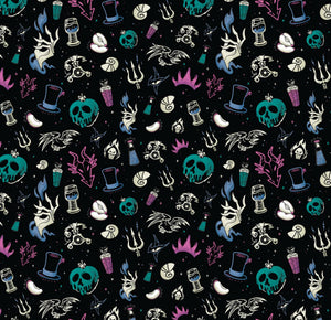 Disney Villains Mayhem Collection - Villain Iconography - Black Teal Fabric - 1/2 Meter - Cotton Fabric