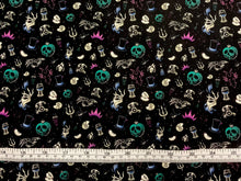 Load image into Gallery viewer, Disney Villains Mayhem Collection - Villain Iconography - Black Teal Fabric - 1/2 Meter - Cotton Fabric
