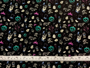 Disney Villains Mayhem Collection - Villain Iconography - Black Teal Fabric - 1/2 Meter - Cotton Fabric