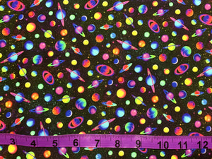 Mini Rainbow Planets - Black Fabric - 1/2 Meter - Cotton Fabric