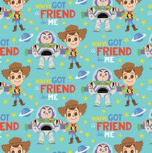 Load image into Gallery viewer, Toy Story Let's Play - A Friend In Me - Aqua Fabric - 1/2 Meter - Cotton Fabric
