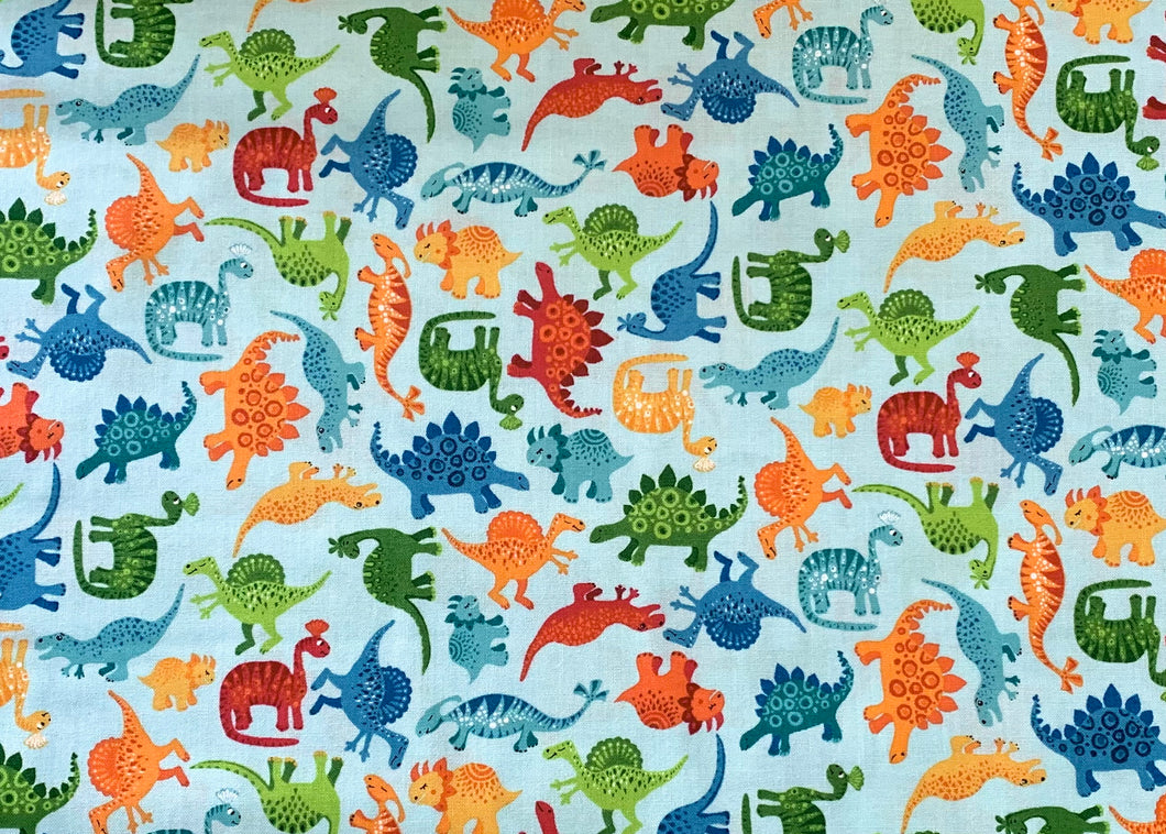 Dino Friends Multi - Light Blue Fabric - 1/2 Meter - Cotton Fabric