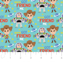 Load image into Gallery viewer, Toy Story Let's Play - A Friend In Me - Aqua Fabric - 1/2 Meter - Cotton Fabric
