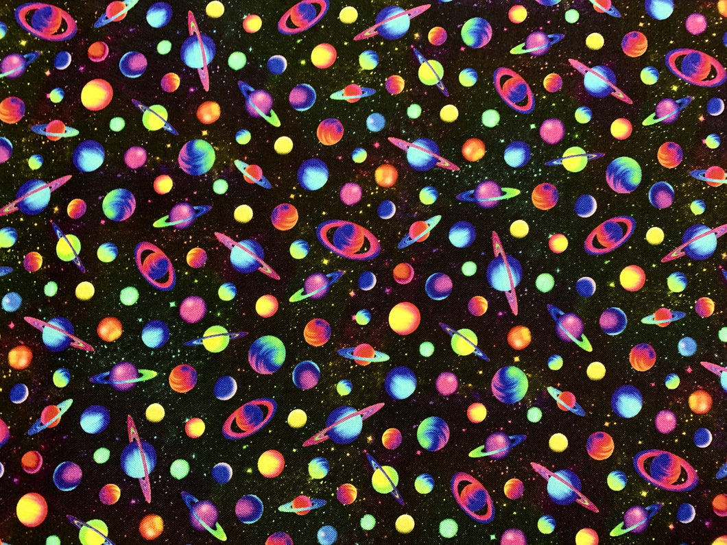 Mini Rainbow Planets - Black Fabric - 1/2 Meter - Cotton Fabric