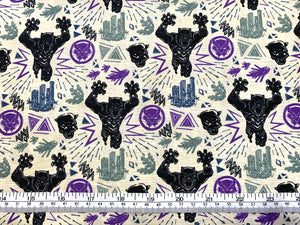 Black Panther Linocut Attack - Cream Fabric - 1/2 Meter - Cotton Fabric