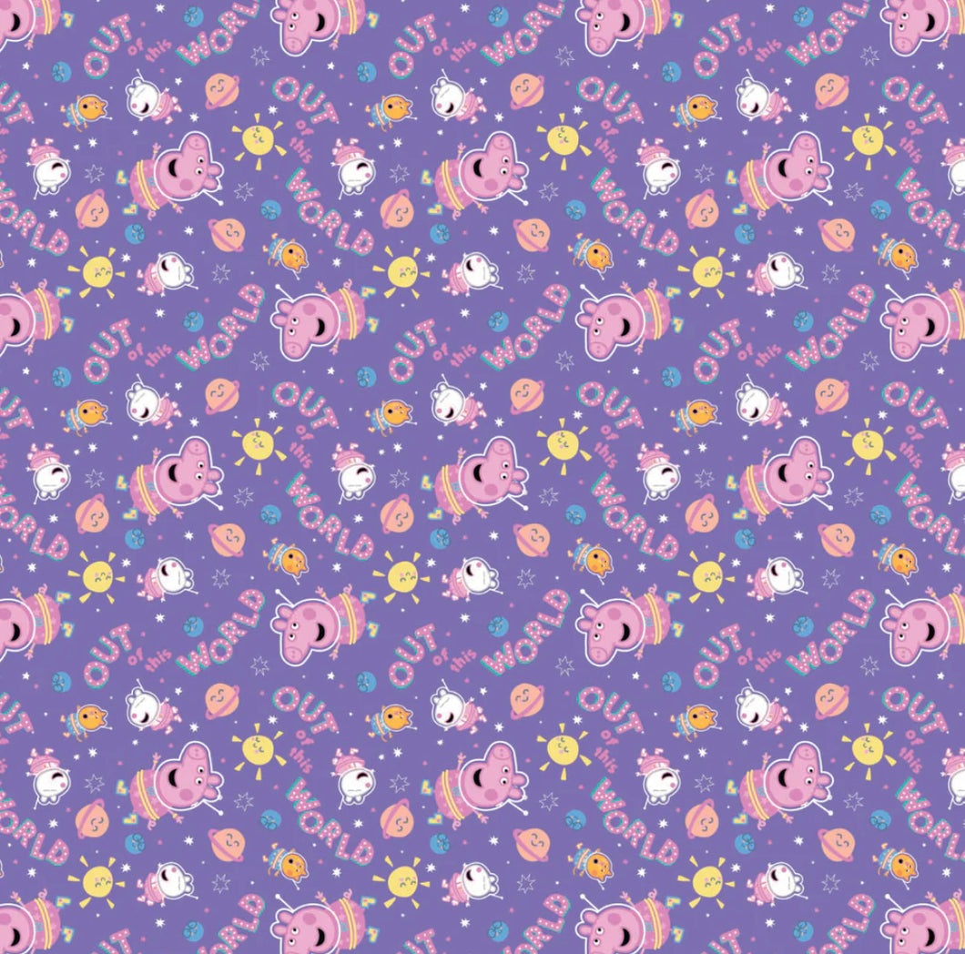 Peppa Pig - Peppa Friends in Space - Purple Fabric - 1/2 Meter - Cotton Fabric